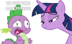 Size: 1014x619 | Tagged: safe, artist:frownfactory, edit, spike, twilight sparkle, alicorn, dragon, pony, g4, triple threat, body swap, faic, female, gif, image macro, lidded eyes, male, mare, meme, non-animated gif, open mouth, out of context, panic, simple background, smiling, text, transparent background, twilight sparkle (alicorn), vector