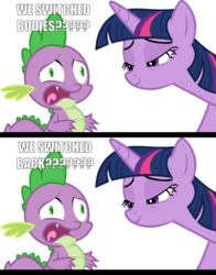 Size: 1012x1288 | Tagged: safe, artist:frownfactory, edit, spike, twilight sparkle, alicorn, dragon, pony, g4, triple threat, body swap, faic, female, hilarious in hindsight, image macro, lidded eyes, male, mare, meme, open mouth, out of context, panic, simple background, smiling, text, transparent background, twilight sparkle (alicorn), twilight spikle, vector