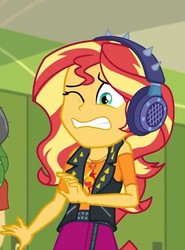 Size: 534x720 | Tagged: safe, screencap, sandalwood, sunset shimmer, equestria girls, g4, my little pony equestria girls: better together, overpowered (equestria girls), cropped, female, geode of empathy, headphones, magical geodes, solo