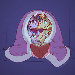 Size: 2421x2421 | Tagged: safe, artist:overlordneon, sunset shimmer, twilight sparkle, alicorn, pony, unicorn, g4, blanket, book, chocolate, duo, female, food, glowing horn, high res, horn, hot chocolate, lesbian, looking at each other, magic, mare, mug, open mouth, ship:sunsetsparkle, shipping, smiling, twilight sparkle (alicorn)