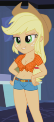 Size: 420x950 | Tagged: safe, edit, edited screencap, editor:ah96, screencap, applejack, equestria girls, g4, guitar centered, my little pony equestria girls: rainbow rocks, applejack's hat, belly button, breast edit, breasts, busty applejack, cleavage, clothes, cowboy hat, cropped, female, front knot midriff, hat, lip bite, midriff, shorts, solo, stetson