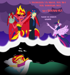 Size: 1480x1592 | Tagged: safe, artist:bbbhuey, flash sentry, sunset shimmer, twilight sparkle, equestria girls, g4, my little pony equestria girls, armpits, big crown thingy, breasts, crying, element of magic, fall formal outfits, hypnosis, hypnotized, jewelry, nightmare, out of character, regalia, revenge, story in the source, sunset satan, this will end in death