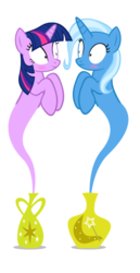 Size: 318x617 | Tagged: safe, artist:navitaserussirus, trixie, twilight sparkle, genie, asktwixiegenies, g4, blush sticker, blushing, female, lesbian, ship:twixie, shipping, simple background, white background