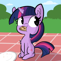 Size: 1650x1650 | Tagged: safe, artist:tjpones, twilight sparkle, pony, unicorn, the tiny apprentice, g4, :t, animated, chest fluff, cookie, cute, female, filly, filly twilight sparkle, food, gif, mouth hold, nom, picnic, pure unfiltered evil, shifty eyes, sitting, solo, twiabetes, twilight stealing a cookie, unicorn twilight, wide eyes, younger