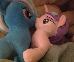 Size: 2164x1835 | Tagged: safe, artist:grapefruitface1, derpibooru exclusive, starlight glimmer, trixie, g4, bed, blanket, cute, duo, duo female, female, irl, lesbian, merchandise, photo, plushie, ship:startrix, shipping, toy