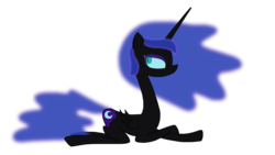 Size: 2048x1152 | Tagged: safe, artist:moonatik, derpibooru exclusive, nightmare moon, alicorn, pony, g4, crossed legs, ethereal mane, female, looking back, lying down, simple background, slit pupils, solo, transparent background, wip