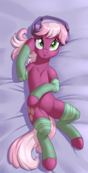 Size: 449x878 | Tagged: safe, artist:brianblackberry, cheerilee, earth pony, pony, g4, bed, clothes, female, headphones, looking at you, lying down, mare, on back, on bed, socks, solo