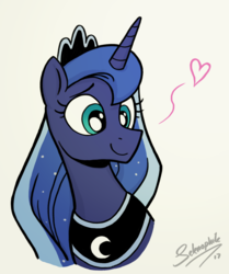 Size: 1131x1352 | Tagged: safe, artist:selenophile, princess luna, alicorn, pony, g4, bust, cute, female, heart, i can't believe it's not idw, looking at something, mare, moonlight inquiries, portrait, simple background, smiling, solo, white background