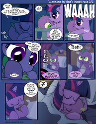 Size: 1275x1650 | Tagged: safe, artist:dsana, spike, twilight sparkle, alicorn, dragon, pony, comic:a moment in time, g4, baby, baby spike, comic, crying, cute, daaaaaaaaaaaw, dsana is trying to murder us, female, heart, hnnng, hug, mama twilight, mare, sleeping, spikabetes, spikelove, time travel, twiabetes, weapons-grade cute, z