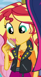 Size: 301x565 | Tagged: safe, screencap, sunset shimmer, equestria girls, g4, my little pony equestria girls: better together, super squad goals, cropped, eating, puffcake