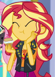 Size: 405x568 | Tagged: safe, screencap, sunset shimmer, equestria girls, g4, my little pony equestria girls: better together, super squad goals, cropped, cute, eating, eyes closed, female, geode of empathy, puffcake, shimmerbetes