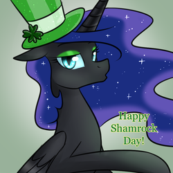 Size: 750x750 | Tagged: safe, artist:cosmalumi, nightmare moon, alicorn, pony, tumblr:ask queen moon, g4, clover, female, four leaf clover, hat, holiday, lidded eyes, mare, saint patrick's day, solo