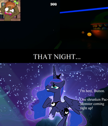 Size: 1240x1440 | Tagged: dead source, safe, edit, edited screencap, editor:korora, screencap, button mash, princess luna, earth pony, pony, bloom & gloom, g4, colt, cropped, let's play, male, maze, nightmare, nightmare fuel, pac-man