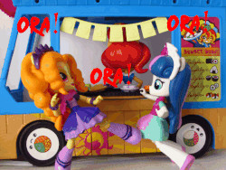 Size: 600x450 | Tagged: safe, artist:whatthehell!?, adagio dazzle, bon bon, sunset shimmer, sweetie drops, equestria girls, g4, action pose, animated, boots, clothes, doll, equestria girls minis, food, irl, jojo's bizarre adventure, parody, photo, shoes, skirt, sunset sushi, sushi, toy, truck