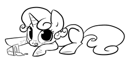 Size: 697x322 | Tagged: safe, artist:php27, sweetie belle, pony, unicorn, g4, female, filly, food, monochrome, prone, pudding, solo, tongue out