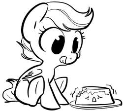 Size: 426x386 | Tagged: safe, artist:php27, scootaloo, pegasus, pony, g4, cute, cutealoo, female, filly, flan, food, licking, licking lips, monochrome, pudding, sitting, solo, tongue out