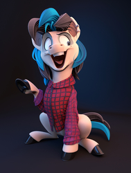 Size: 1536x2032 | Tagged: safe, artist:v747, oc, oc only, oc:scotch macmanus, 3d, blender, clothes, looking sideways, open mouth, raised hoof, sitting, solo
