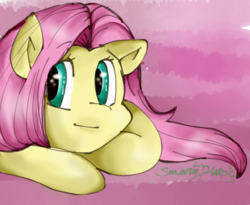 Size: 772x634 | Tagged: safe, artist:smartypurple, fluttershy, pegasus, pony, g4, bust, female, looking at you, looking sideways, portrait, prone, smiling, solo