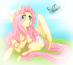 Size: 2106x1875 | Tagged: safe, artist:wishmarey, fluttershy, butterfly, pegasus, pony, g4, blushing, crossed hooves, female, grass, looking at something, looking up, lying down, smiling, solo, spread wings, turned head, wings