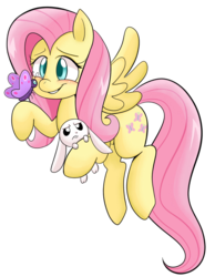 Size: 1593x2048 | Tagged: safe, artist:snowy-pizza, angel bunny, fluttershy, butterfly, pegasus, pony, g4, cute, duo, holding, looking at something, raised hoof, shyabetes, simple background, smiling, spread wings, transparent background, wings