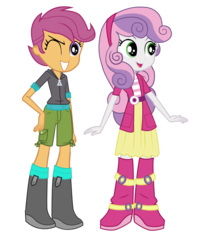 Size: 1311x1622 | Tagged: safe, artist:eduardonunes109, scootaloo, sweetie belle, equestria girls, g4, boots, clothes, cute, diasweetes, duo, female, hoodie, one eye closed, open mouth, shoes, short pants, shorts, simple background, skirt, transparent background, wink