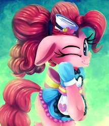 Size: 2000x2324 | Tagged: safe, artist:discorded, pinkie pie, earth pony, pony, coinky-dink world, g4, my little pony equestria girls: summertime shorts, bow, cheek fluff, clothes, cute, diapinkes, dress, equestria girls outfit, equestria girls ponified, female, floppy ears, high res, leg fluff, mare, one eye closed, ponified, server pinkie pie, skirt, skirt lift, solo, waitress, wink