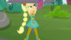 Size: 1280x720 | Tagged: safe, screencap, applejack, equestria girls, equestria girls series, g4, super squad goals, bench, boots, cowboy boots, crystal guardian, geode of super strength, high heel boots, lifting, offscreen character, ponied up, shoes, super strength