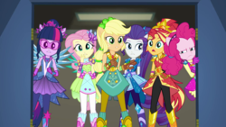 Size: 1280x720 | Tagged: safe, screencap, applejack, fluttershy, pinkie pie, rarity, sci-twi, sunset shimmer, twilight sparkle, equestria girls, g4, my little pony equestria girls: better together, super squad goals, boots, clothes, cowboy boots, crystal guardian, crystal wings, female, high heel boots, museum, ponied up, shoes, visor, wings