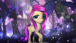 Size: 4096x2304 | Tagged: safe, artist:princeoracle, fluttershy, pegasus, pony, g4, 3d, blushing, cute, female, forest, looking at you, mare, shyabetes