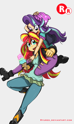 Size: 1500x2500 | Tagged: safe, artist:ryured, starlight glimmer, sunset shimmer, equestria girls, g4, clothes, food, happy, horseplay, human coloration, ice cream, open mouth, piggyback ride, simple background, smiling, white background