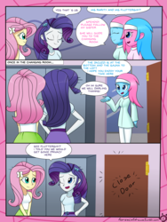 Size: 3024x4032 | Tagged: safe, artist:horsecat, aloe, fluttershy, lotus blossom, rarity, comic:a very normal day at the spa, equestria girls, g4, clothes, comic, definitely not shipping, equestria girls-ified, hairband, skirt, spa, spa twins, tank top