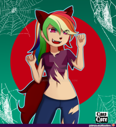 Size: 1024x1120 | Tagged: safe, artist:caoscore, rainbow dash, human, werewolf, g4, belly button, clothes, costume, female, halloween, holiday, humanized, midriff, open mouth, patreon, patreon logo, solo, torn clothes, watermark