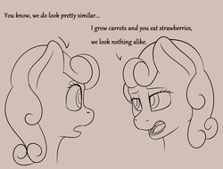 Size: 3348x2545 | Tagged: safe, artist:nudeknightart, carrot top, golden harvest, strawberry sunrise, earth pony, pegasus, pony, g4, brown background, bust, dialogue, duo, female, high res, mare, monochrome, similarities, simple background