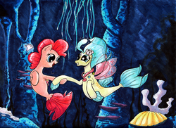 Size: 1154x842 | Tagged: safe, artist:kittyhawk-contrail, pinkie pie, princess skystar, seapony (g4), g4, my little pony: the movie, bubble, coral, female, flower, flower in hair, freckles, looking at each other, open mouth, seaponified, seaquestria, seashell, smiling, species swap, traditional art, underwater, water