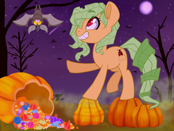Size: 4000x3000 | Tagged: safe, artist:annakitsun3, oc, oc only, bat, earth pony, pony, candy, commission, food, halloween, high res, holiday, looking at something, male, moon, night, pumpkin, solo, stallion