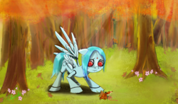 Size: 2000x1174 | Tagged: safe, artist:chopsticks, oc, oc only, oc:ap63, android, butterfly, pony, robot, robot pony, autumn, broken, commission, female, forest, grass, leaves, mare, sad, solo