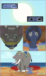 Size: 2000x3301 | Tagged: safe, artist:mlp-silver-quill, oc, oc only, oc:clutterstep, oc:imani, earth pony, elephant, pony, comic:imani, african, beach, comic, high res, ocean, panic, running, screaming, shadow, shadows, sun, trench, water