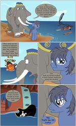 Size: 2000x3301 | Tagged: safe, artist:mlp-silver-quill, oc, oc only, oc:clutterstep, oc:imani, earth pony, elephant, pony, comic:imani, african, beach, explosion, hat, high res, mr. lucky, ocean, pirate hat, pirate ship, sad, ship, shipwreck, surprised, water
