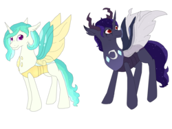 Size: 4608x3456 | Tagged: safe, artist:dreamcloudadopts, oc, oc only, changepony, hybrid, pony, contest entry, duo, female, high res, male, mare, next generation, offspring, parent:pharynx, parent:princess celestia, parent:princess luna, parent:thorax, parents:lunarynx, parents:thoralestia, simple background, stallion, transparent background
