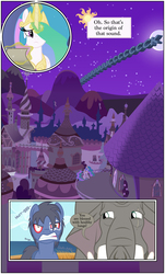 Size: 2000x3301 | Tagged: safe, artist:mlp-silver-quill, princess celestia, oc, oc:clutterstep, oc:imani, alicorn, earth pony, elephant, pony, comic:imani, g4, african, bloodshot eyes, canterlot, curse, day, gritted teeth, healthy lungs, high res, night, ocean, scroll, worried