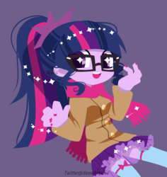 Size: 800x848 | Tagged: safe, artist:snow angel, sci-twi, twilight sparkle, equestria girls, g4, clothes, cute, female, glasses, long socks, looking at you, miniskirt, nail polish, open mouth, ponytail, purple background, scarf, simple background, skirt, solo, starry eyes, thigh highs, thigh socks, twiabetes, wingding eyes