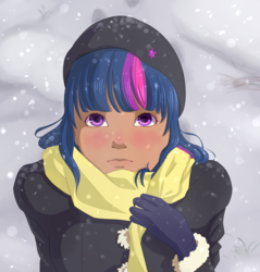 Size: 2480x2598 | Tagged: safe, artist:chiweee, twilight sparkle, human, g4, clothes, cute, dark skin, female, gloves, high res, humanized, scarf, snow, snowfall, solo, twiabetes