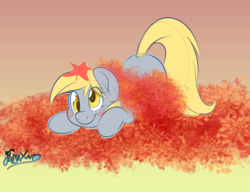 Size: 2000x1536 | Tagged: safe, artist:fluffyxai, derpy hooves, pegasus, pony, g4, autumn, blushing, cute, derpabetes, female, gradient background, leaves, mare, silly, silly pony, smiling, solo