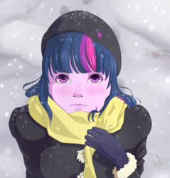 Size: 2480x2598 | Tagged: safe, artist:chiweee, twilight sparkle, equestria girls, g4, beret, clothes, cute, female, gloves, hat, high res, looking up, scarf, snow, solo, twilight sparkle (alicorn)