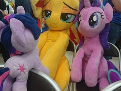 Size: 960x720 | Tagged: safe, artist:nekokevin, starlight glimmer, sunset shimmer, twilight sparkle, human, pony, unicorn, g4, 4de, bedroom eyes, chair, female, irl, irl human, life size, photo, plushie, sitting, size difference, smiling