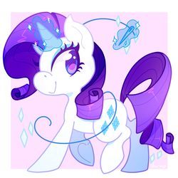 Size: 1000x1000 | Tagged: safe, artist:sharmie, rarity, pony, unicorn, g4, abstract background, colored pupils, female, looking at you, magic, mare, raised hoof, raised leg, sewing needle, smiling, solo, telekinesis