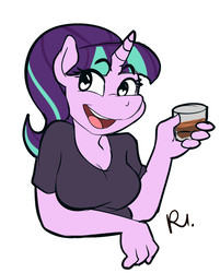 Size: 1550x1927 | Tagged: safe, artist:bluecoffeedog, starlight glimmer, unicorn, anthro, g4, bust, clothes, drink, female, mare in the moon, moon, simple background, smiling, solo, white background