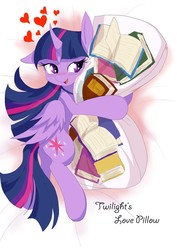 Size: 1080x1528 | Tagged: safe, artist:definisher, twilight sparkle, alicorn, pony, bed, bibliophile, blushing, body pillow, book, cargo ship, curved horn, female, floppy ears, heart, hug, pillow, pillow hug, shipping, solo, that pony sure does love books, twibook, twilight sparkle (alicorn)