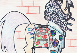 Size: 1280x873 | Tagged: safe, artist:shoeunit, oc, oc only, oc:shoelace, earth pony, pony, backpack, clothes, colored pencil drawing, female, ink, jacket, mare, patch, solo, traditional art