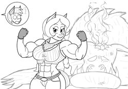 Size: 1353x941 | Tagged: safe, artist:matchstickman, big macintosh, oc, oc:honey suckle, oc:honey suckle (flicker-show), anthro, g4, abs, armpits, biceps, canon x oc, clothes, flexing, gloves, jeans, lidded eyes, midriff, monochrome, monster, muscles, pants, pose, reversed gender roles equestria, smiling, victory